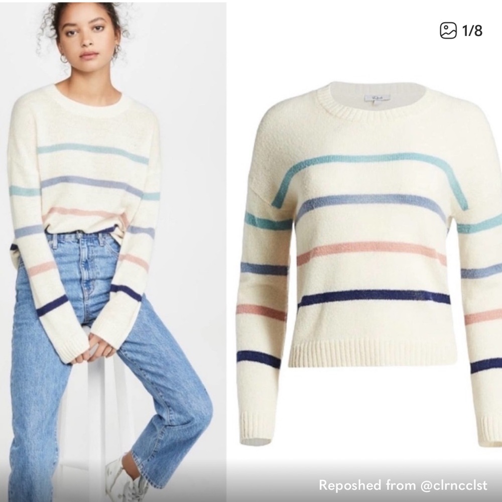 Rails Cream Crewneck Sweater with Blue and Pink Stripes